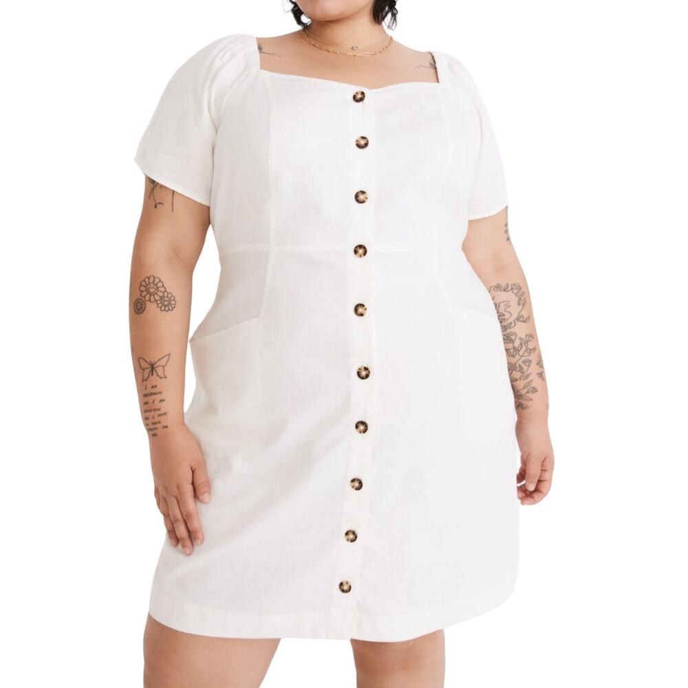 Madewell Womens Plus 22W White Linen Cotton Puff Sleeve Button Front Mini Dress